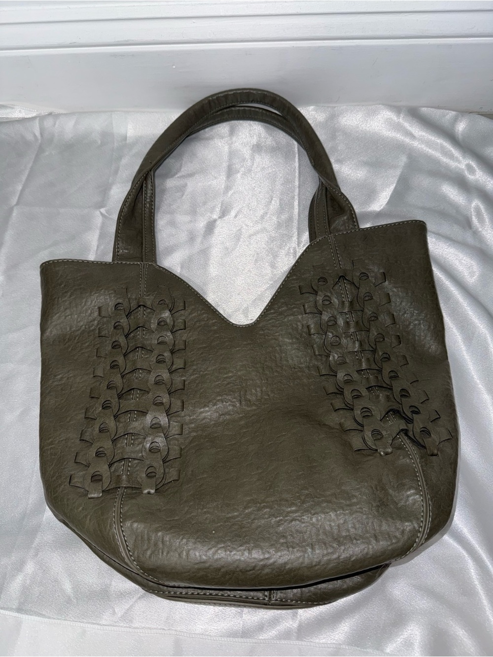Anthropologie Olive Green Woven-Accent Shoulder Tote